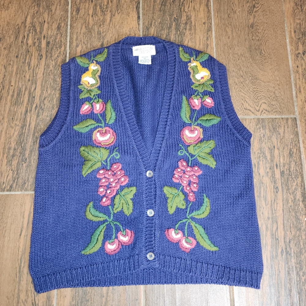 Tapestry Designs Vintage 80's Granny Knit Sweater Vest Cardigan Small